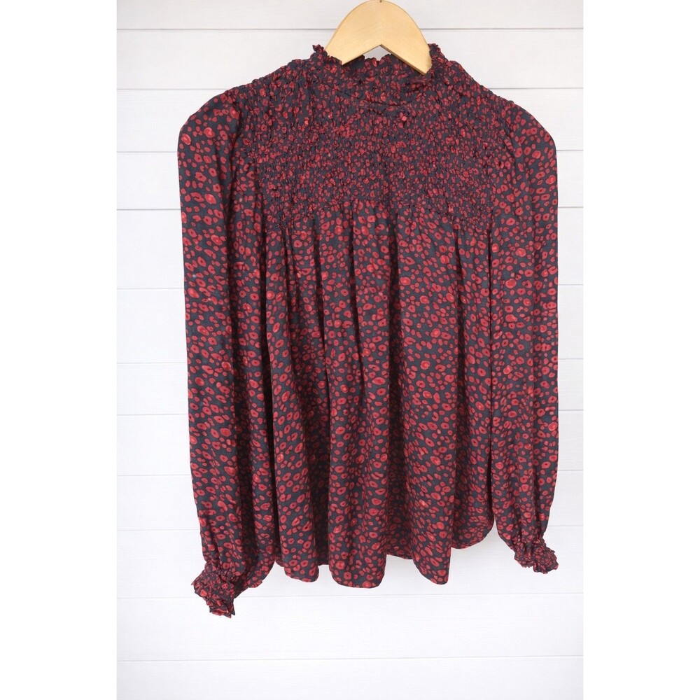 Black and Red Smocked Flowy Long Sleeve Blouse L